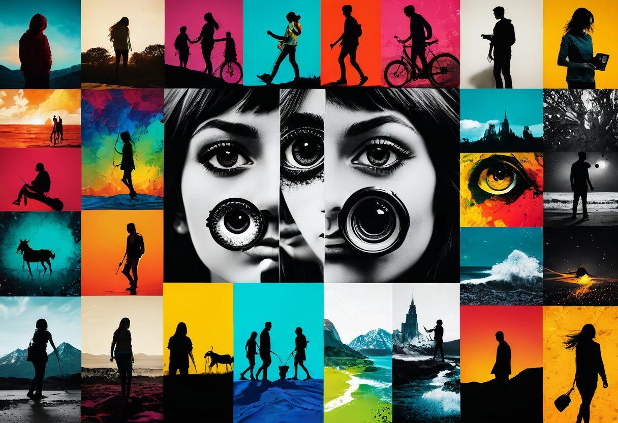 A vibrant collage of stunning photography showcasing diverse subjects like landscapes, portraits, and abstract art, intertwined with splashes of color and creativity. Include dynamic camera elements and art supplies blending into the background, symbolizing inspiration. The community aspect can be represented by subtle silhouettes of photographers engaging with their work. Bright, eye-catching colors and an inviting atmosphere to evoke creativity and passion. vibrant colors. collage style.