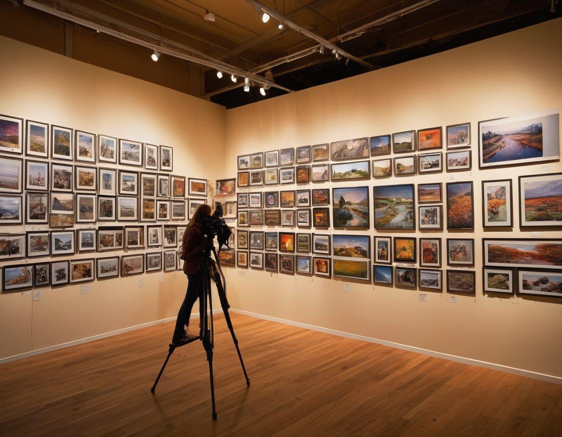 A vibrant gallery filled with diverse people engaging in photography, capturing stunning landscapes and portraits. Including a variety of cameras, tripods, and instant prints showcasing beautiful snapshots on the walls. The atmosphere is alive with creativity, featuring warm colors and soft lighting that highlights the art of photography. Include a large banner that says ‘Join Our Photography Community’ in an artistic font. super-realistic. vibrant colors. warm lighting.