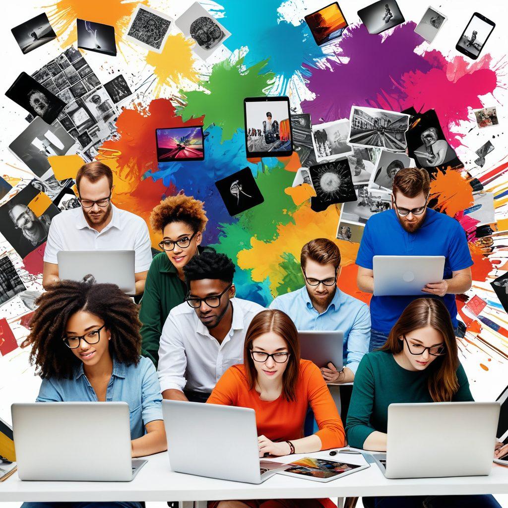 A vibrant collage showcasing a diverse group of artists collaboratively editing photographs on laptops and tablets, surrounded by colorful visual displays of edited images bursting with creativity. Include elements like digital brushes, photo-sharing icons, and artistic tools floating around them, creating a whirlwind of inspiration. Super-realistic. Bright and lively colors. White background.